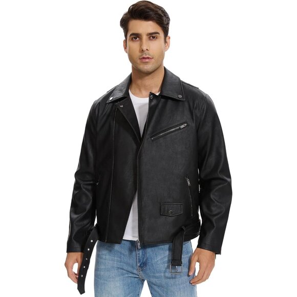 Men Black Faux Leather Biker Jacket Slim Fit Motorcycle Bomber Zip Up Coat - Picture 2 of 6